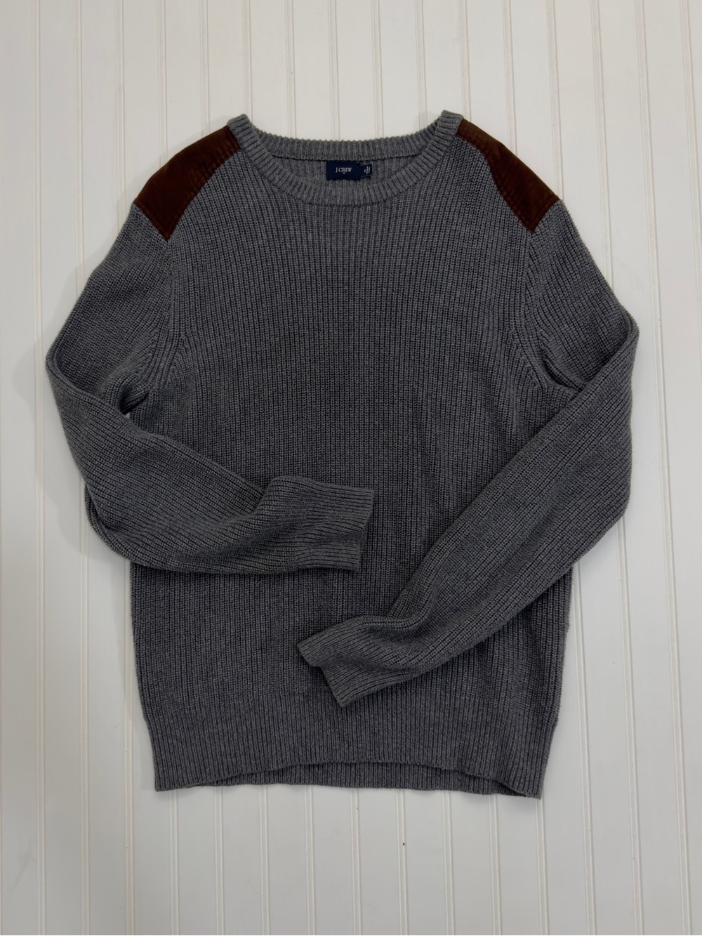 J. Crew Gray Crewneck Sweater with Brown Shoulder Patches Mens XL